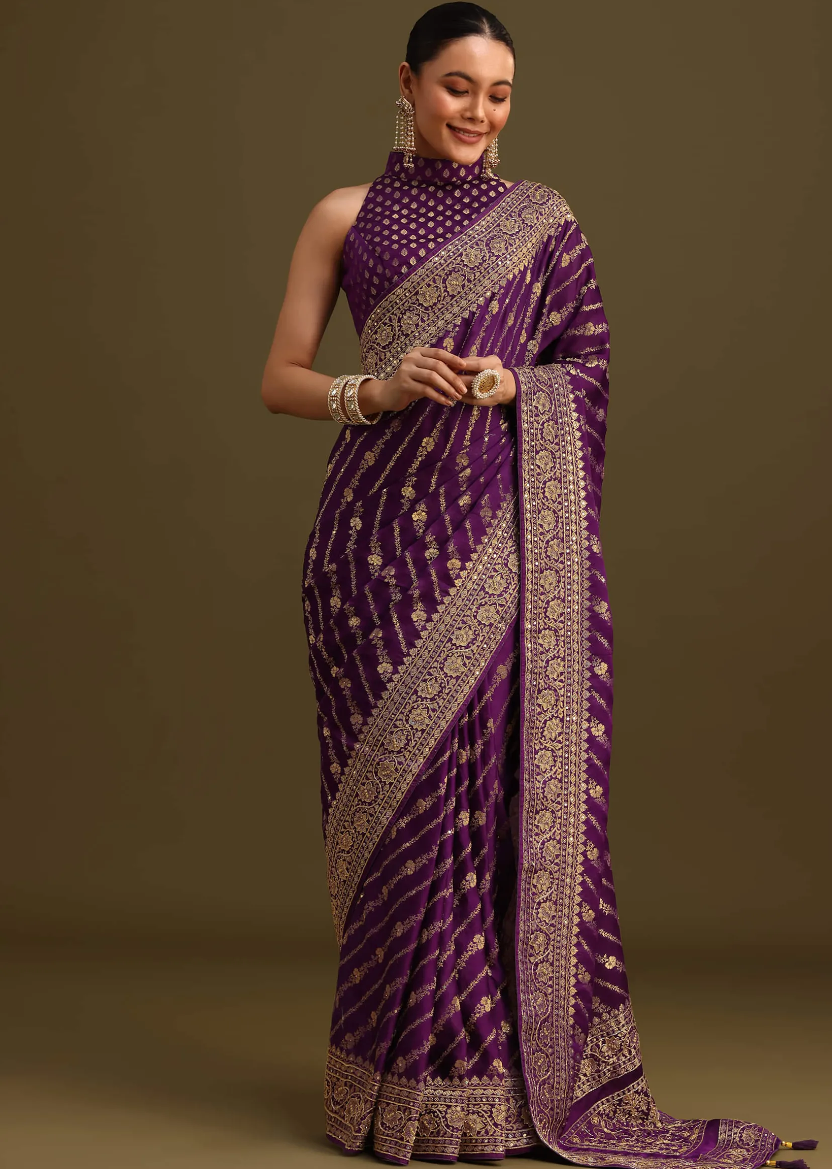 Purple Embroidered Saree With Zardosi And Cutdana Work