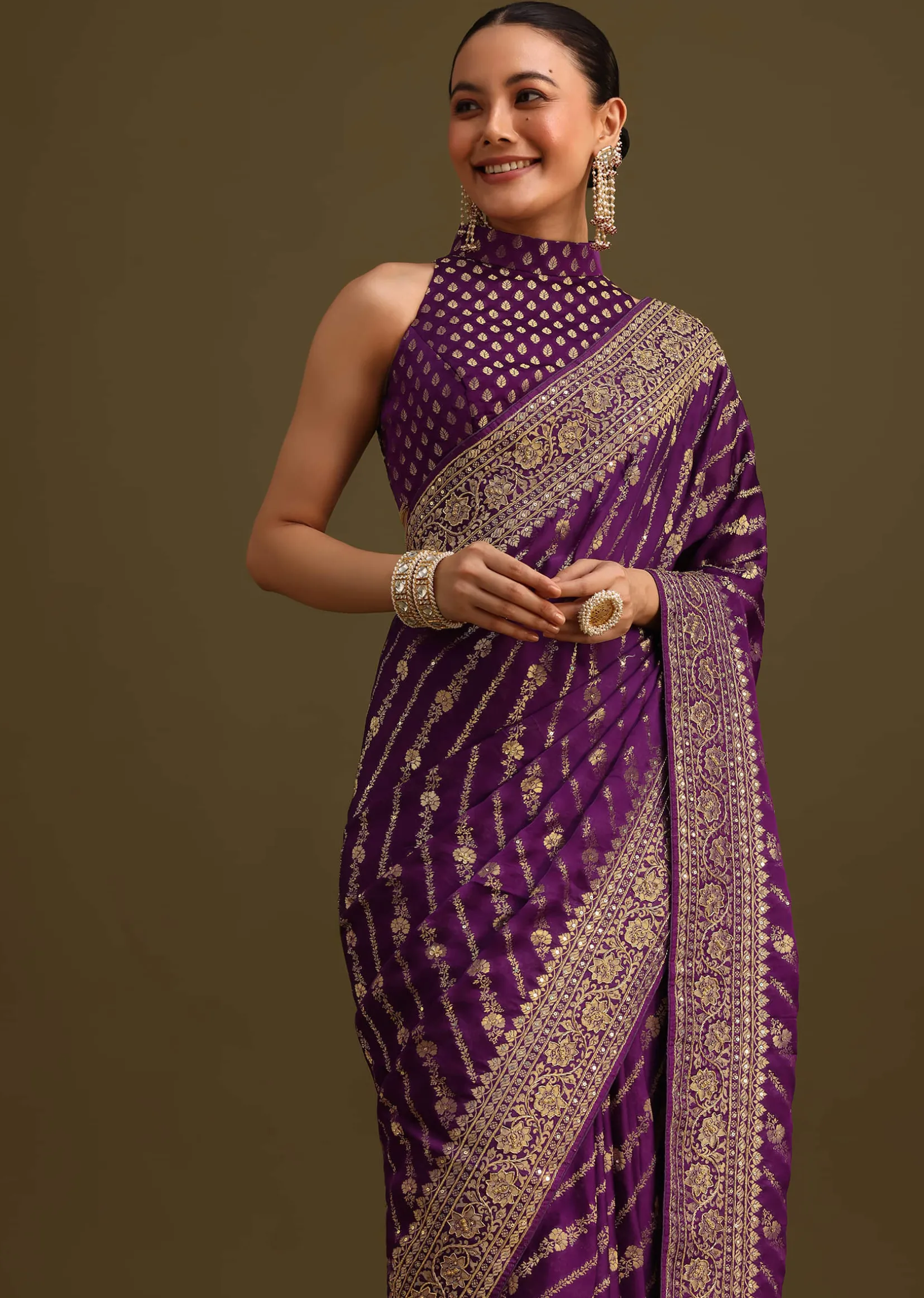 Purple Embroidered Saree With Zardosi And Cutdana Work