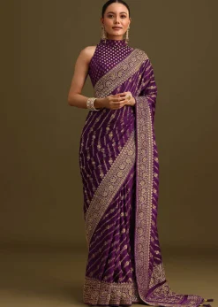 Purple Embroidered Saree With Zardosi And Cutdana Work