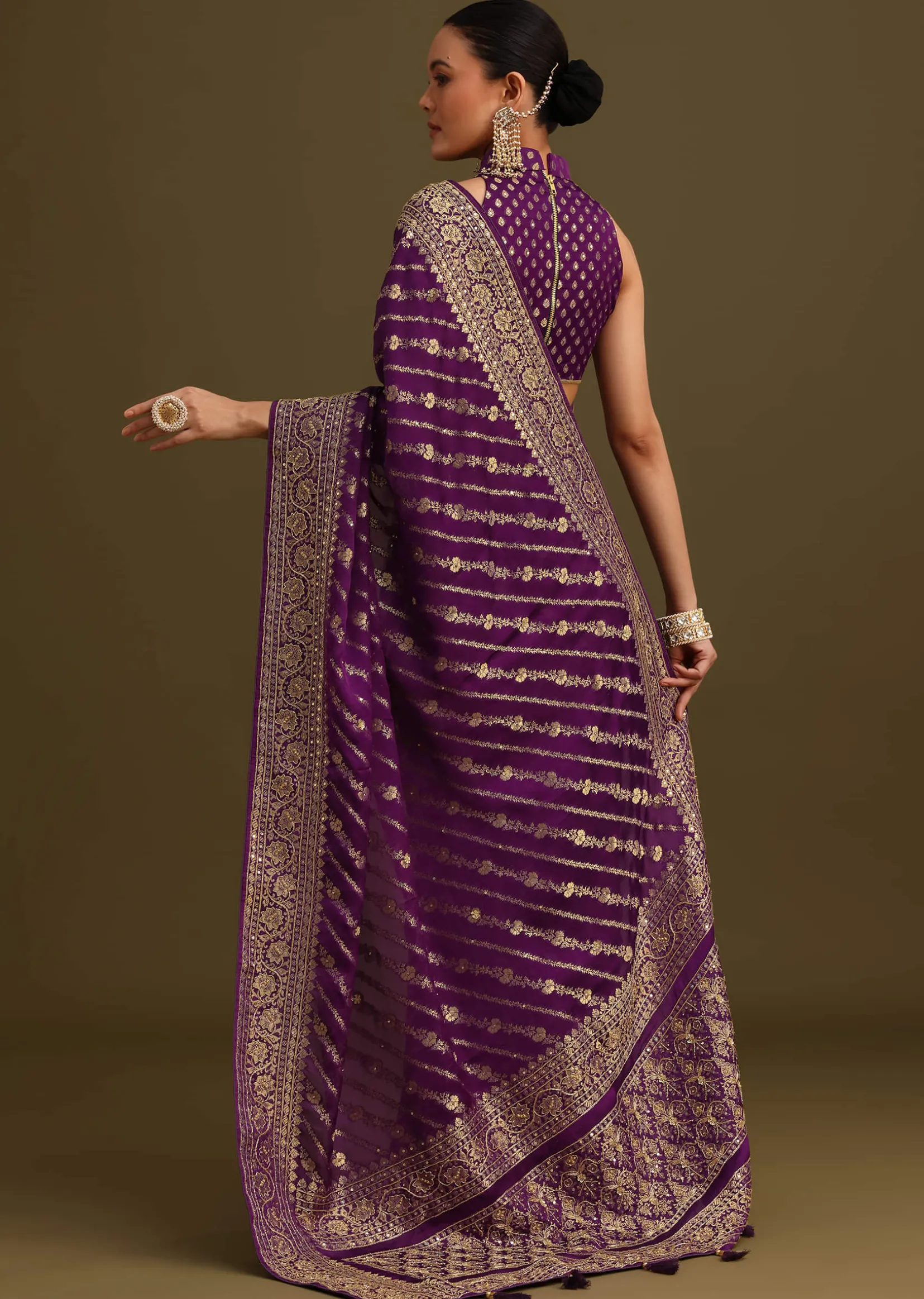 Purple Embroidered Saree With Zardosi And Cutdana Work