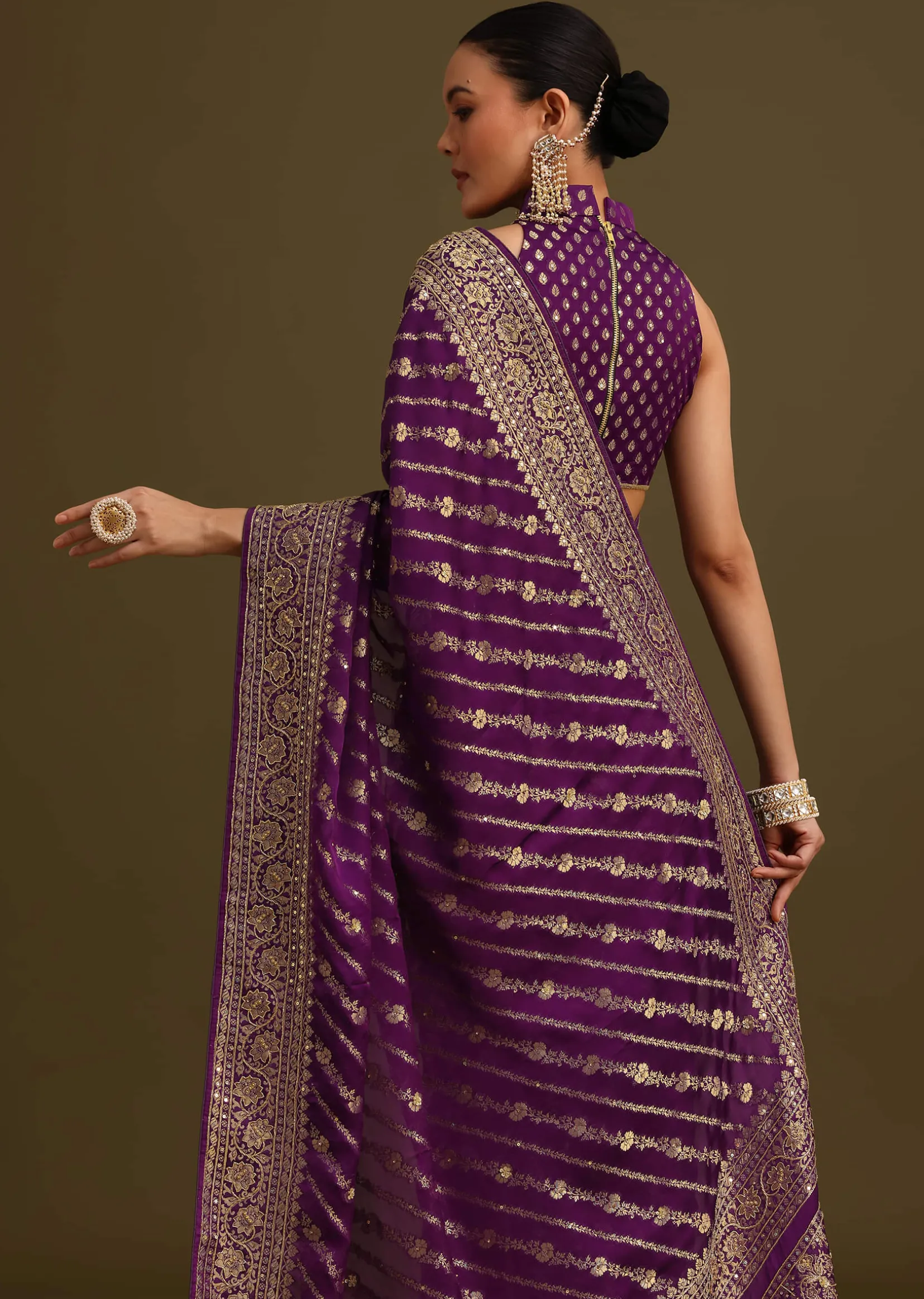 Purple Embroidered Saree With Zardosi And Cutdana Work