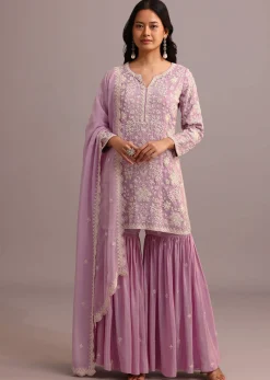Purple Embroidered Sharara Set With Butti Work On Organza Dupatta