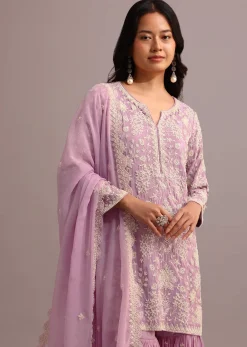 Purple Embroidered Sharara Set With Butti Work On Organza Dupatta