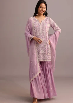 Purple Embroidered Sharara Set With Butti Work On Organza Dupatta