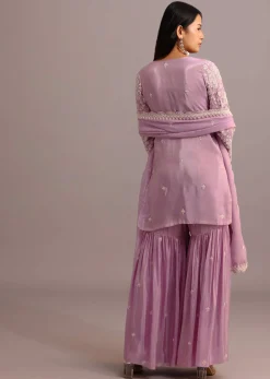 Purple Embroidered Sharara Set With Butti Work On Organza Dupatta