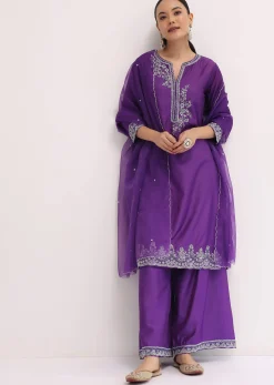 Purple Embroidered Silk Kurta Palazzo Set