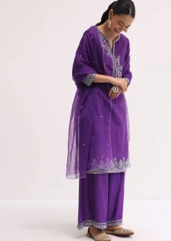 Purple Embroidered Silk Kurta Palazzo Set