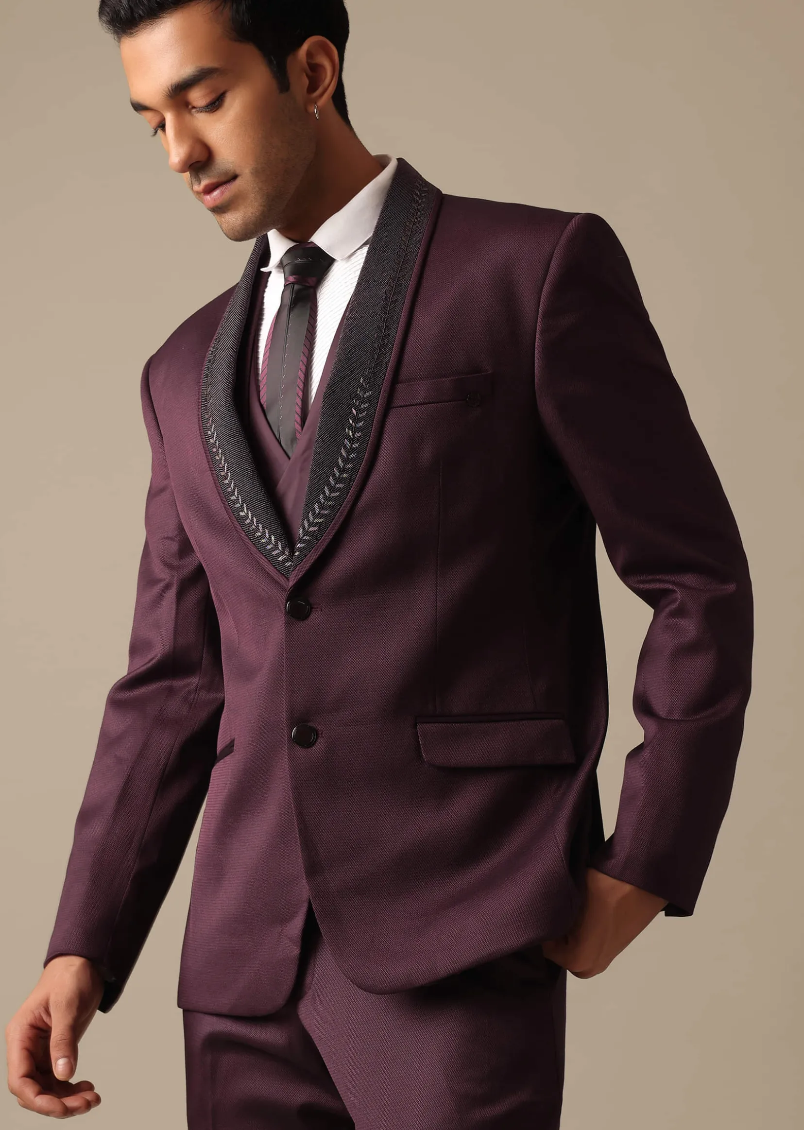 Purple Embroidered Tuxedo Set With Blazer And Pant Set In Terry Rayon