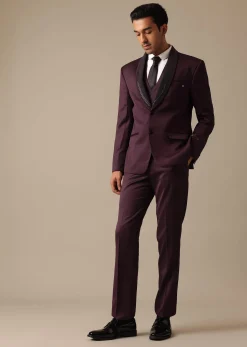 Purple Embroidered Tuxedo Set With Blazer And Pant Set In Terry Rayon