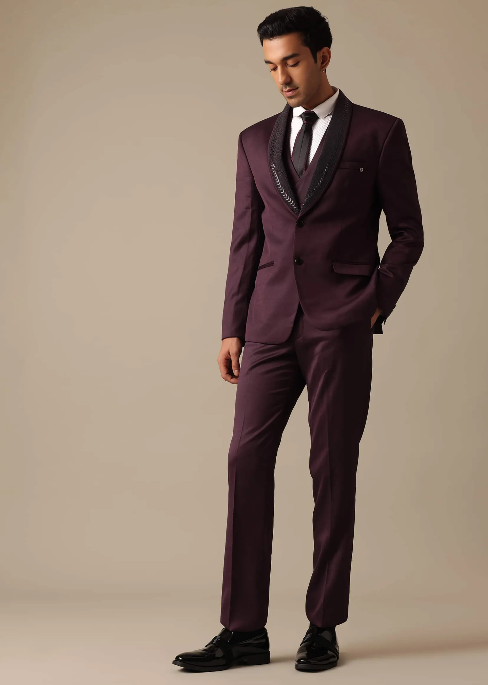 Purple Embroidered Tuxedo Set With Blazer And Pant Set In Terry Rayon