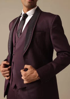 Purple Embroidered Tuxedo Set With Blazer And Pant Set In Terry Rayon