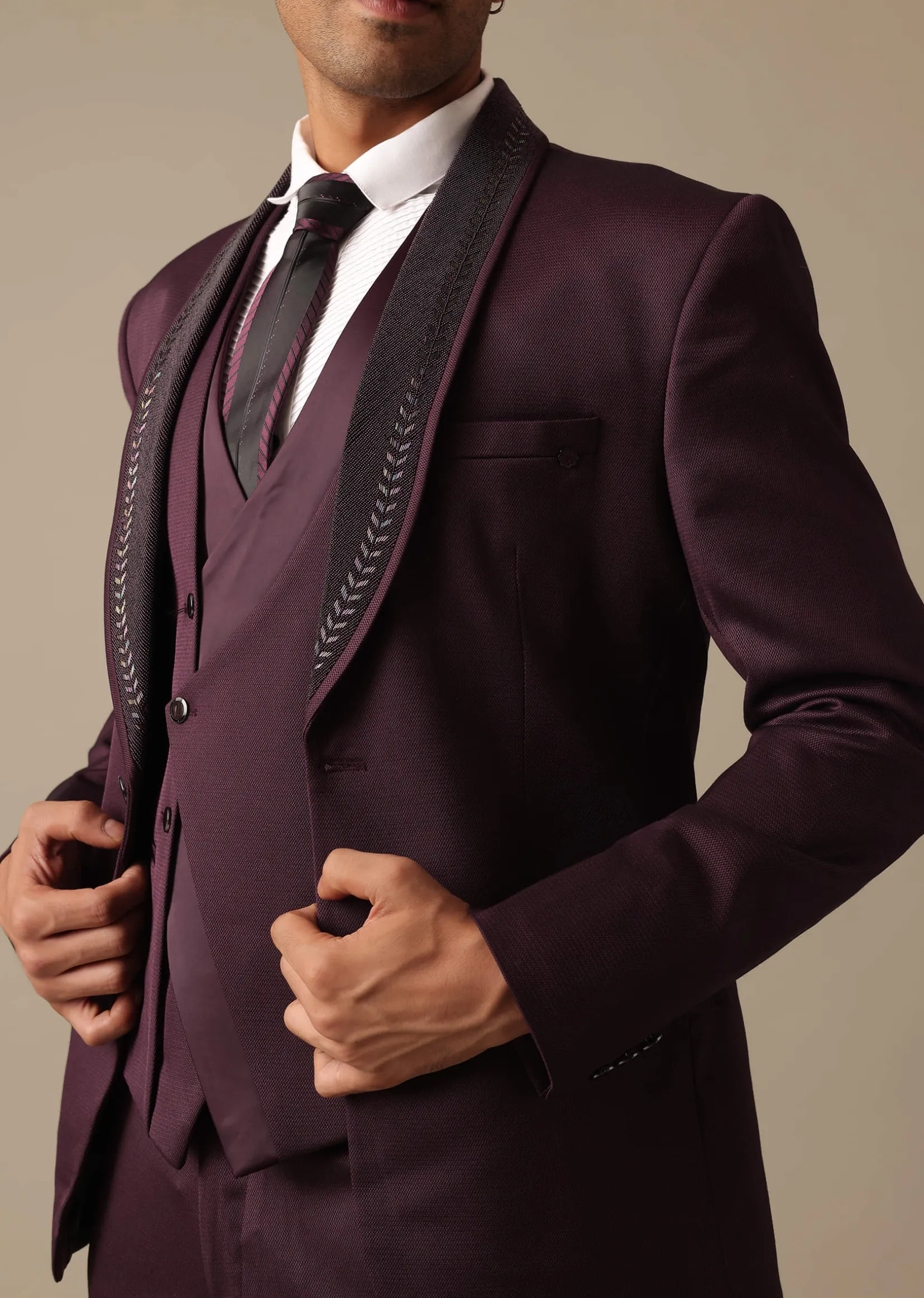 Purple Embroidered Tuxedo Set With Blazer And Pant Set In Terry Rayon