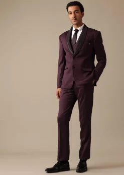 Purple Embroidered Tuxedo Set With Blazer And Pant Set In Terry Rayon