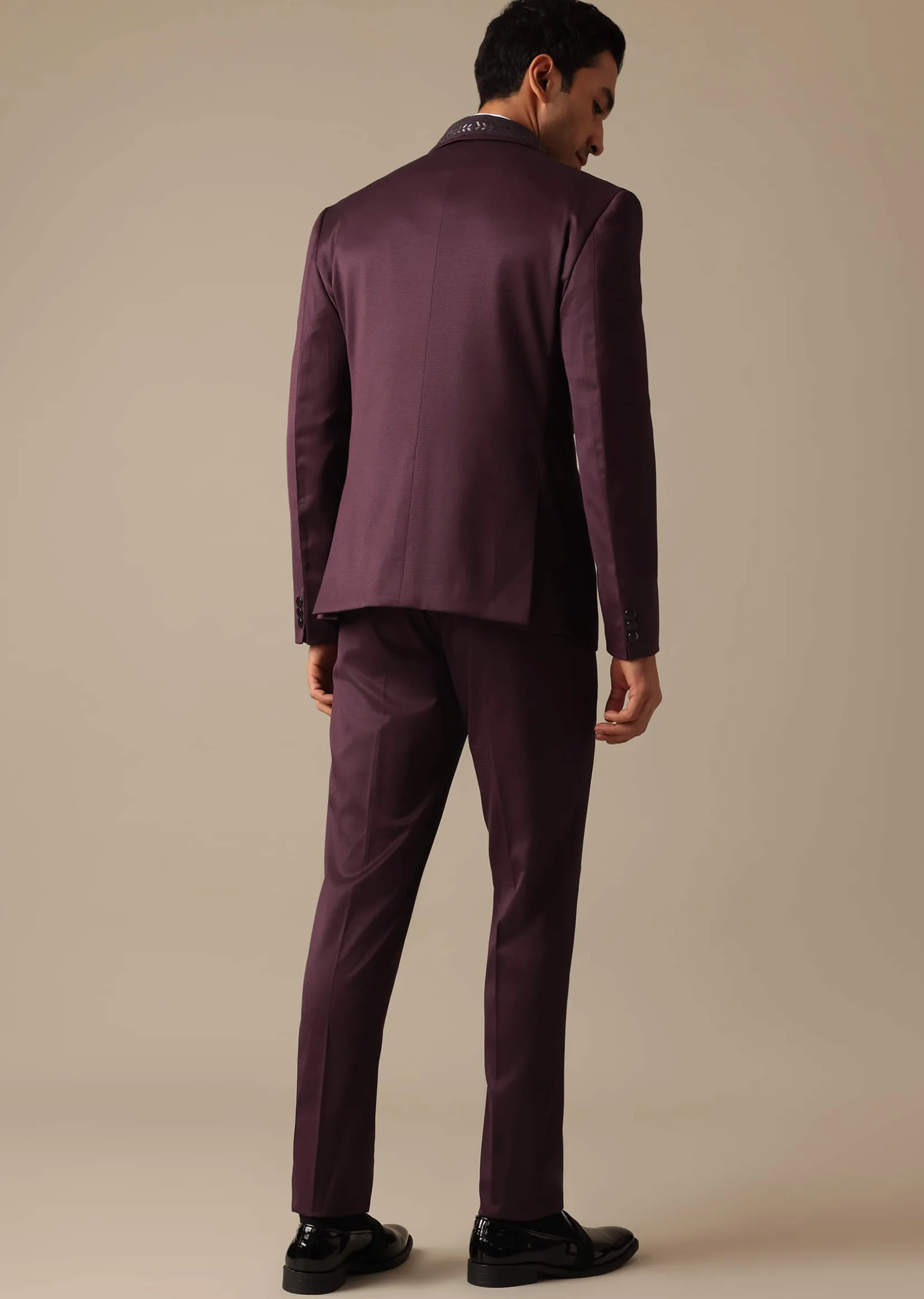 Purple Embroidered Tuxedo Set With Blazer And Pant Set In Terry Rayon