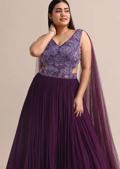Purple Embroidered V Neck Gown With Side Cut