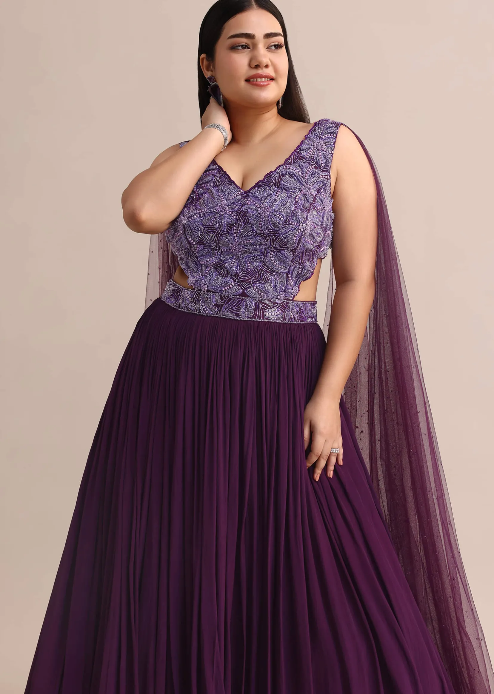 Purple Embroidered V Neck Gown With Side Cut