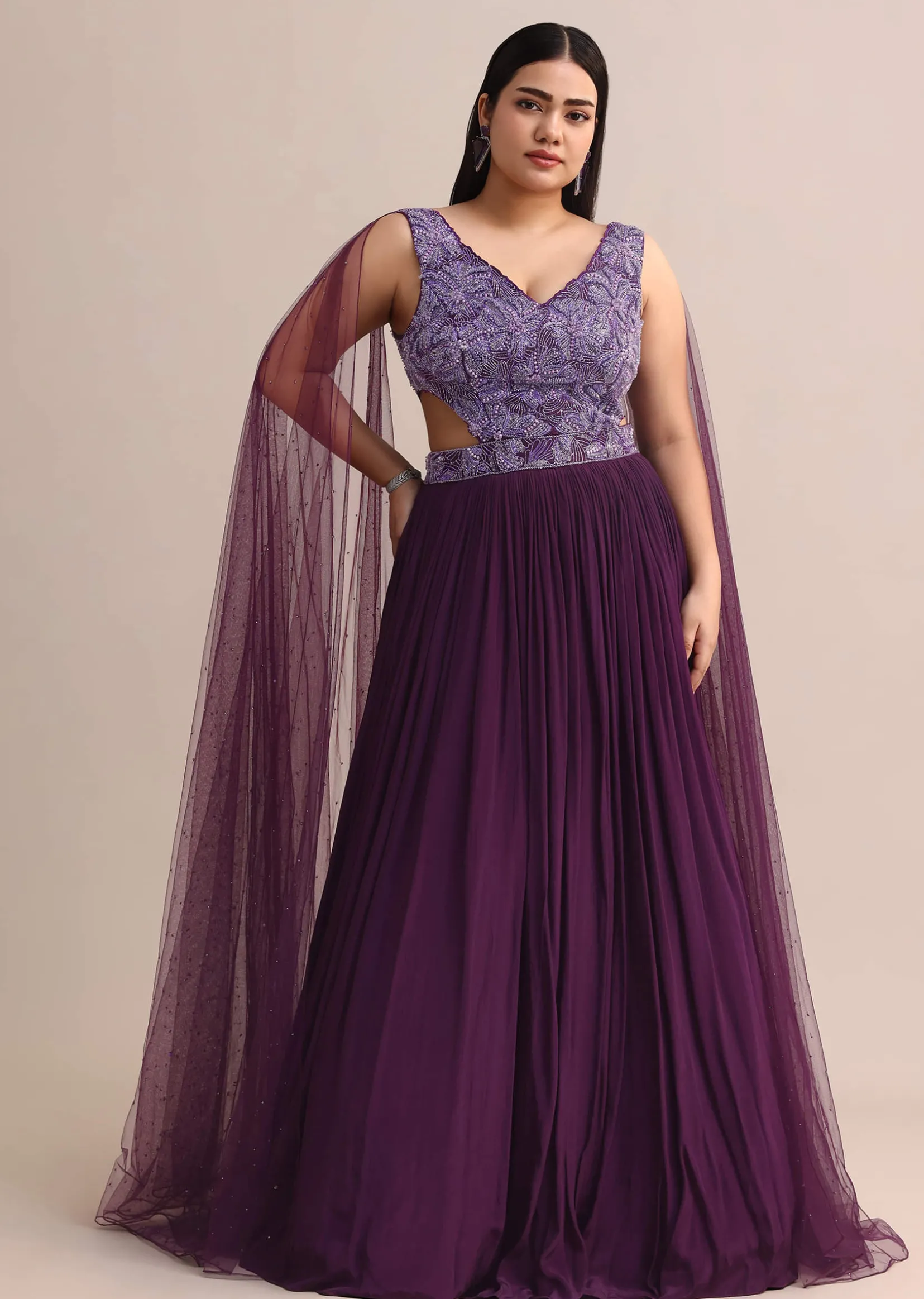 Purple Embroidered V Neck Gown With Side Cut