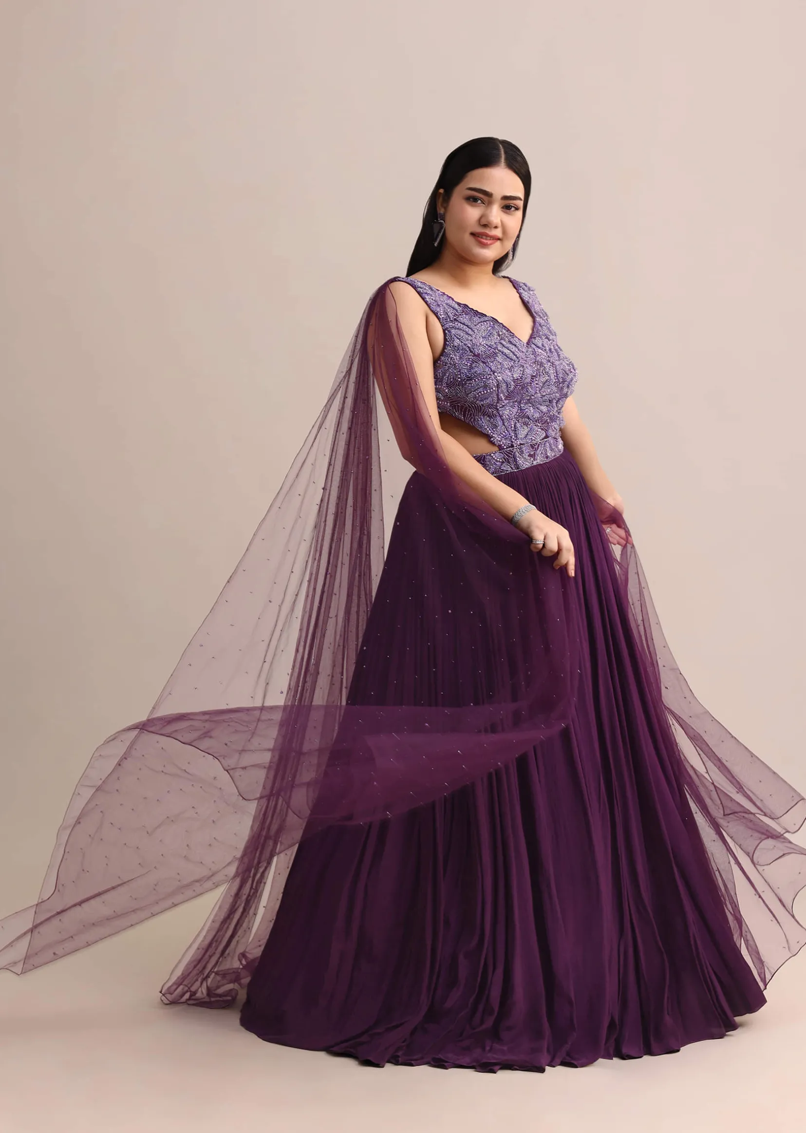Purple Embroidered V Neck Gown With Side Cut