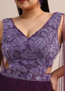 Purple Embroidered V Neck Gown With Side Cut