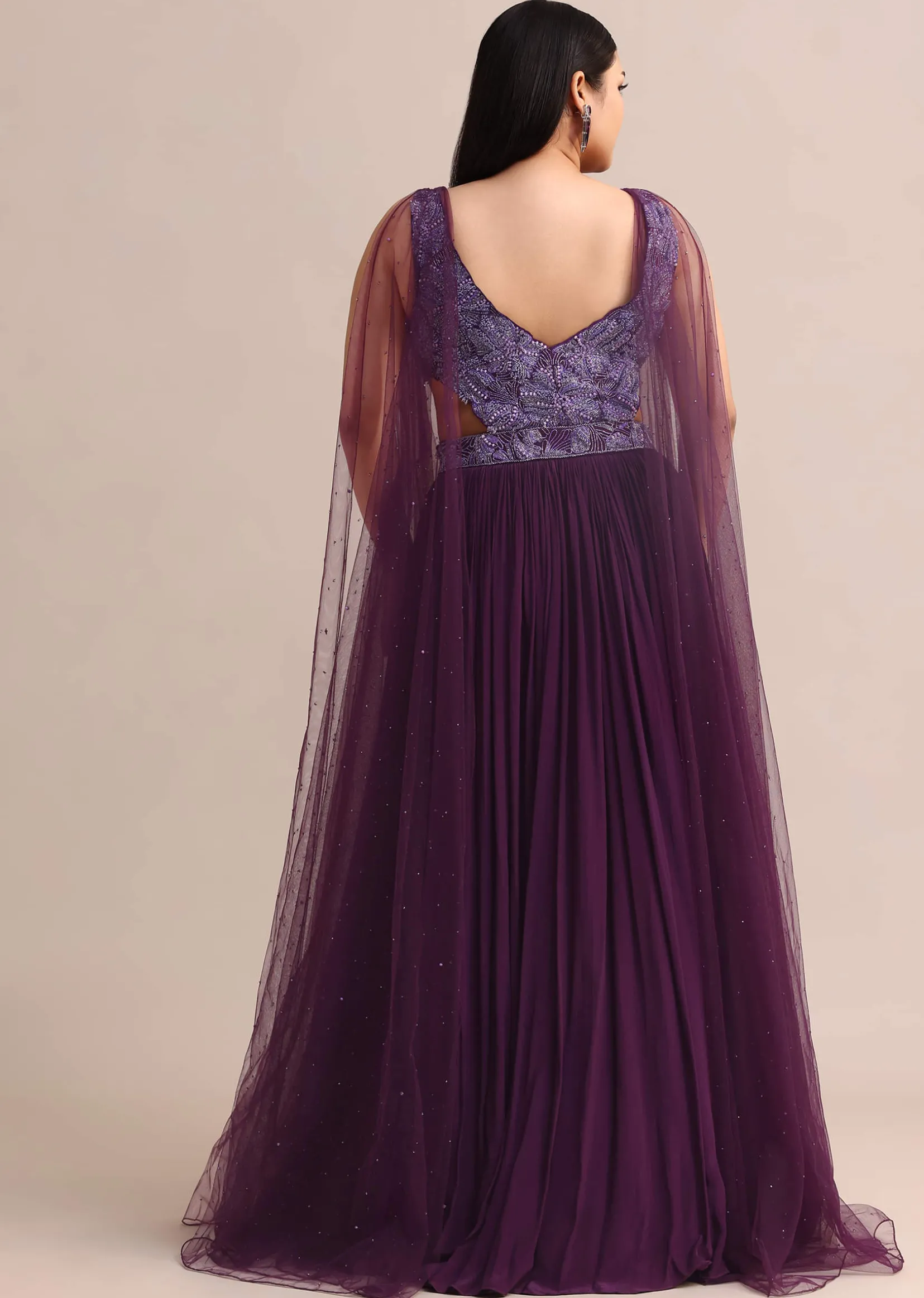 Purple Embroidered V Neck Gown With Side Cut