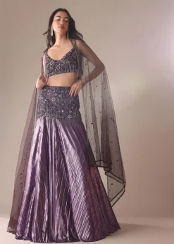 Purple Fish Cut Skirt And Blouse With Heavy Hand Embroidery