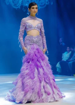 Purple Fish Cut Trail Skirt Lehenga Set with 3D Crystal And Feather Detailing