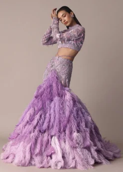 Purple Fish Cut Trail Skirt Lehenga Set with 3D Crystal And Feather Detailing