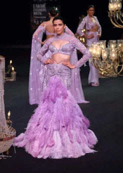 Purple Fish Cut Trail Skirt Lehenga Set with 3D Crystal And Feather Detailing