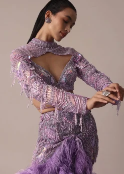 Purple Fish Cut Trail Skirt Lehenga Set with 3D Crystal And Feather Detailing