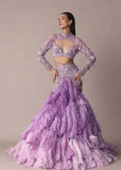 Purple Fish Cut Trail Skirt Lehenga Set with 3D Crystal And Feather Detailing