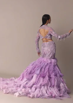 Purple Fish Cut Trail Skirt Lehenga Set with 3D Crystal And Feather Detailing