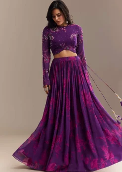 Purple Georgette Floral Printed Lehenga Set