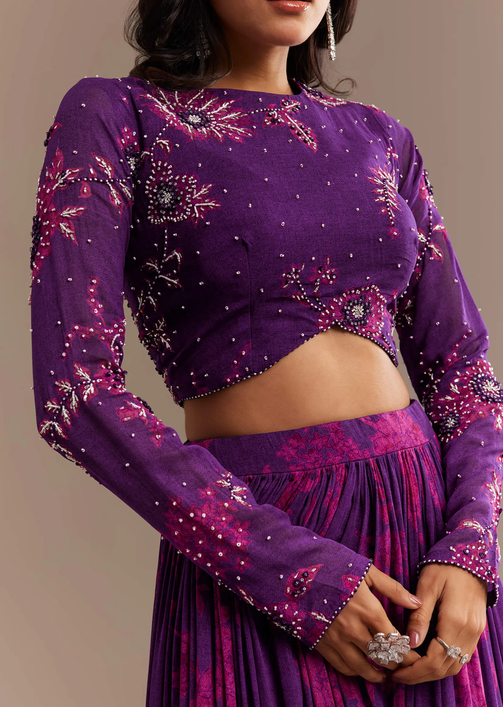 Purple Georgette Floral Printed Lehenga Set
