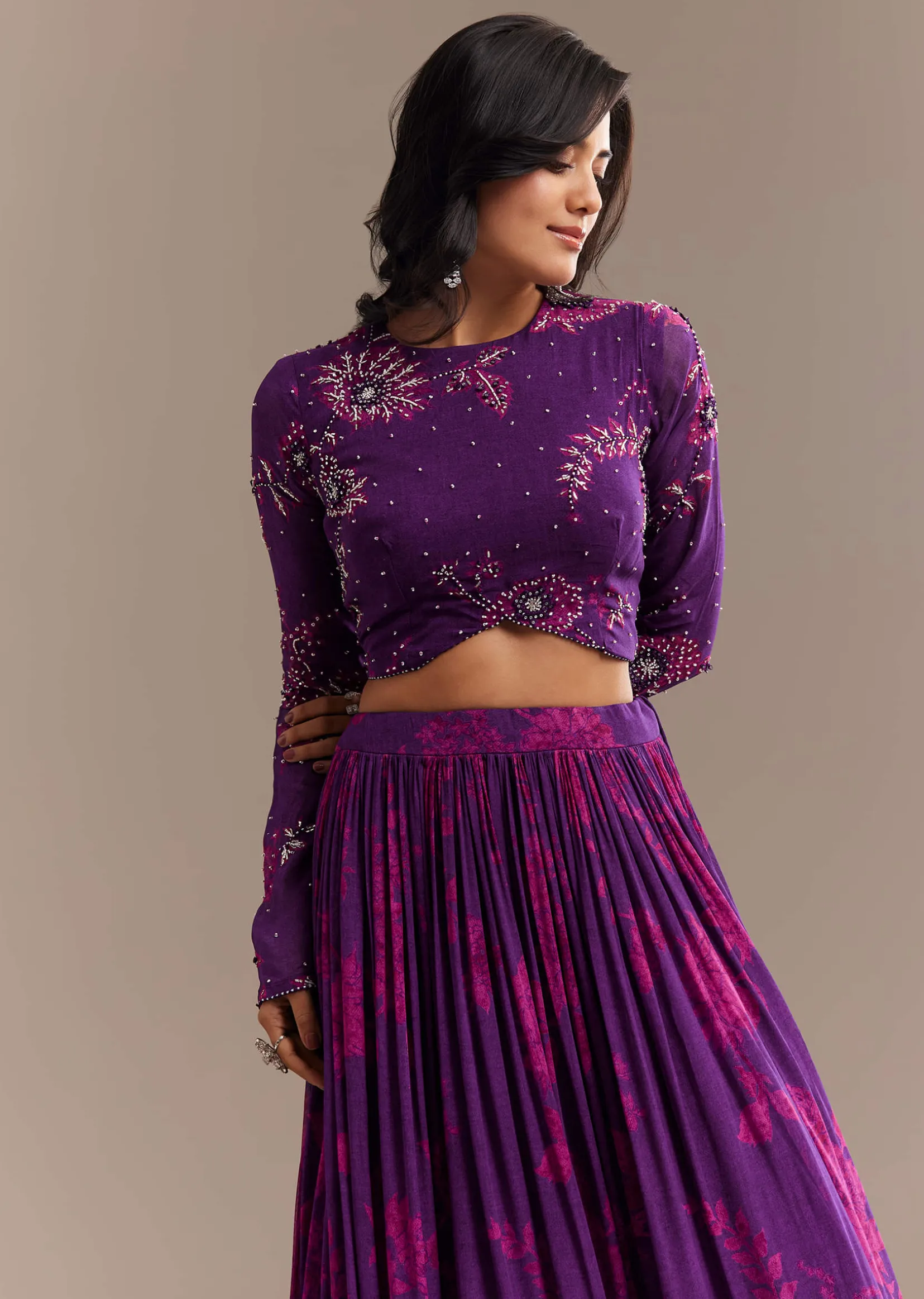Purple Georgette Floral Printed Lehenga Set