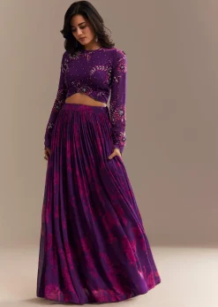 Purple Georgette Floral Printed Lehenga Set