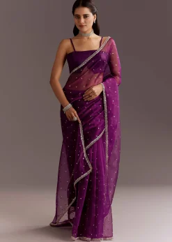 Purple Glass Tissue Saree With Cutdana And Sequins Scallop Border