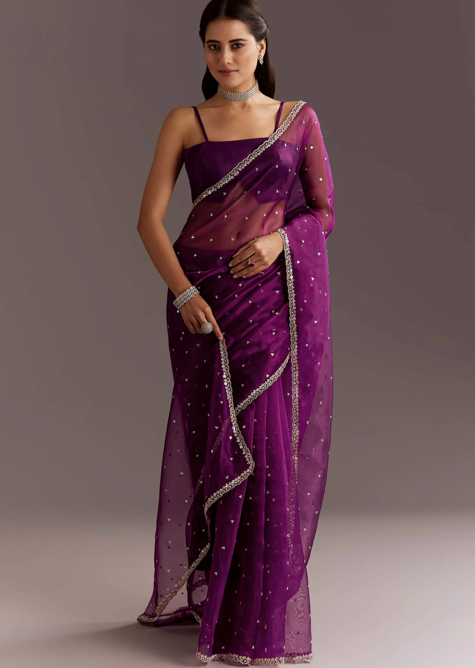 Purple Glass Tissue Saree With Cutdana And Sequins Scallop Border