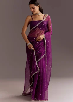 Purple Glass Tissue Saree With Cutdana And Sequins Scallop Border