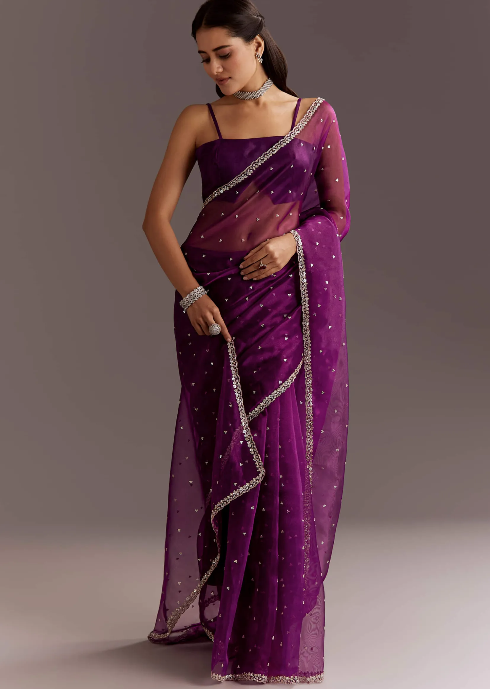 Purple Glass Tissue Saree With Cutdana And Sequins Scallop Border