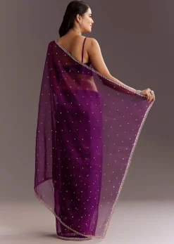 Purple Glass Tissue Saree With Cutdana And Sequins Scallop Border