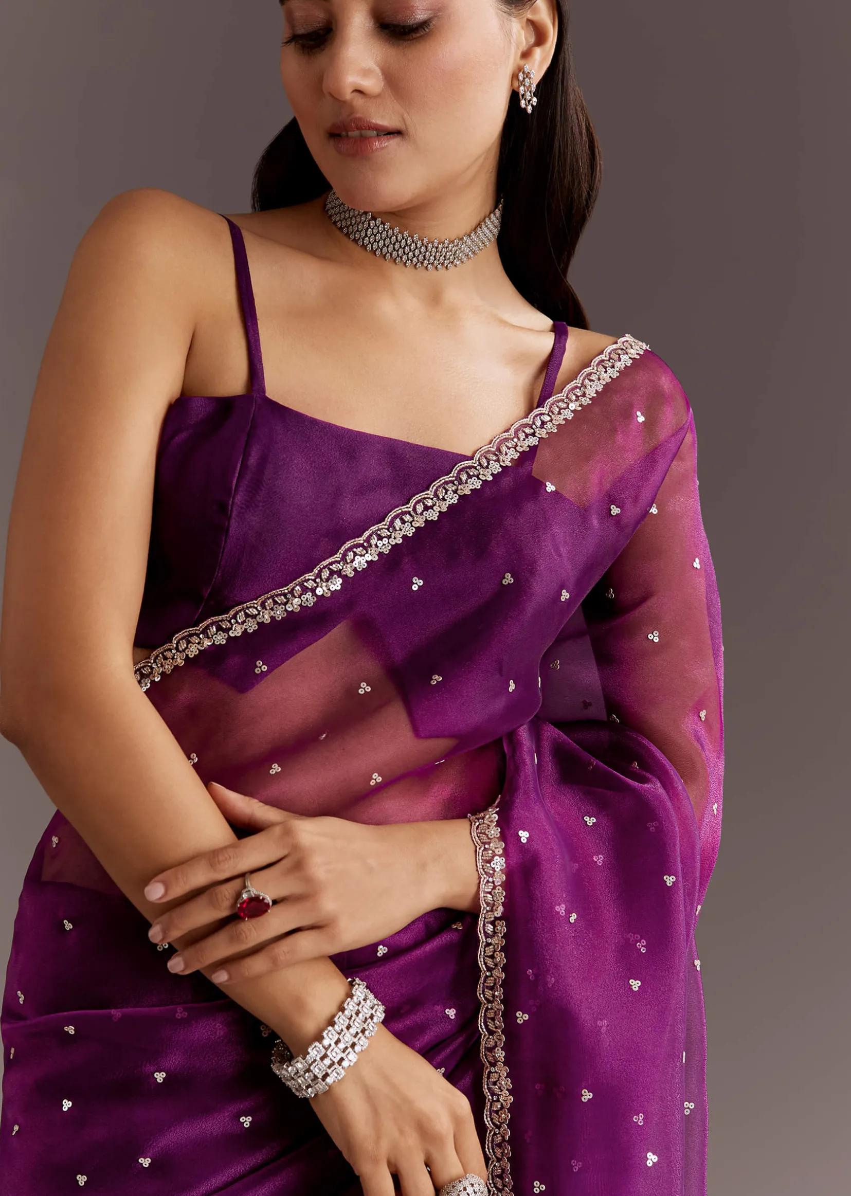 Purple Glass Tissue Saree With Cutdana And Sequins Scallop Border