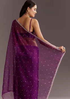 Purple Glass Tissue Saree With Cutdana And Sequins Scallop Border