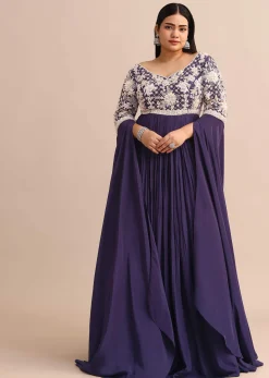 Purple Gown With Cape Style Sleeves in Jaal Work