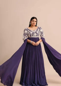 Purple Gown With Cape Style Sleeves in Jaal Work