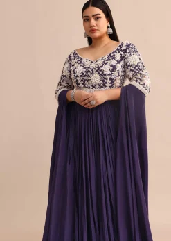 Purple Gown With Cape Style Sleeves in Jaal Work