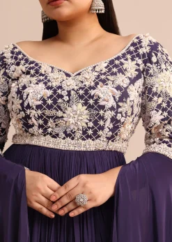 Purple Gown With Cape Style Sleeves in Jaal Work