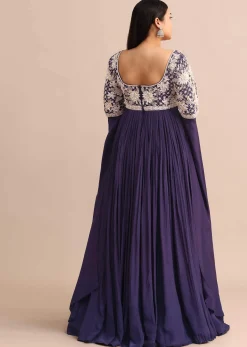 Purple Gown With Cape Style Sleeves in Jaal Work
