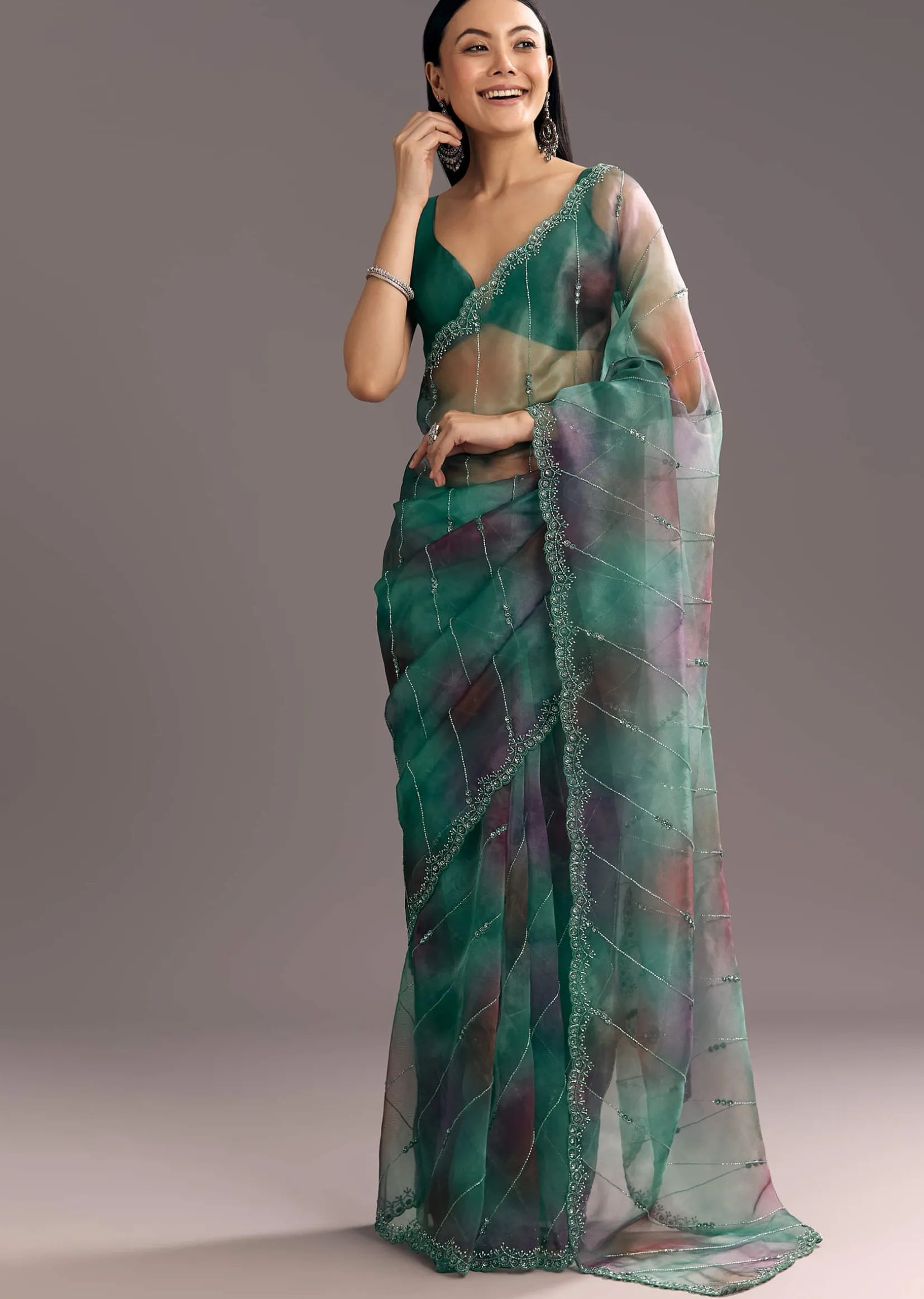 Purple Green Shaded Organza Saree With Cutdana Sequin Embroidery