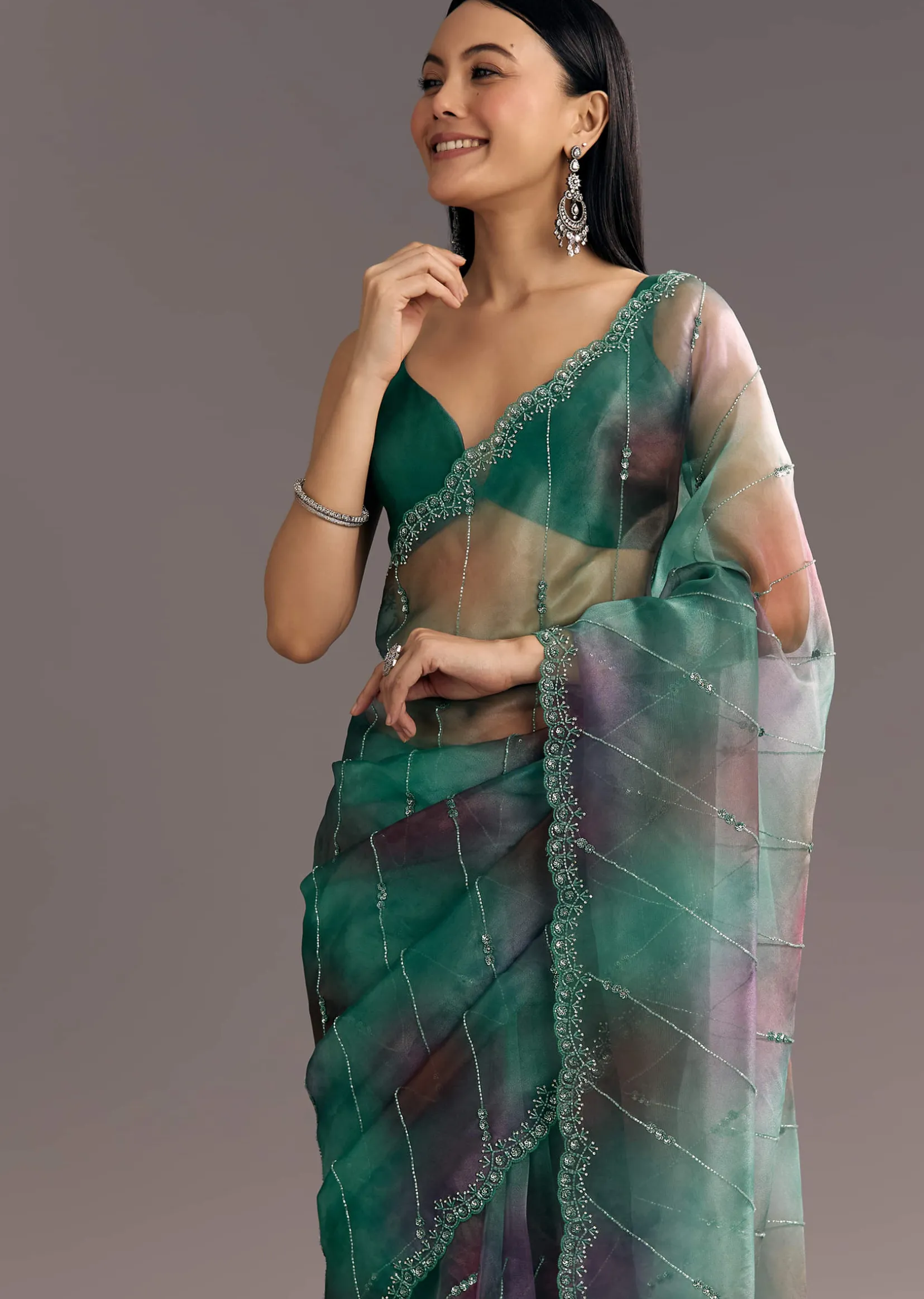 Purple Green Shaded Organza Saree With Cutdana Sequin Embroidery