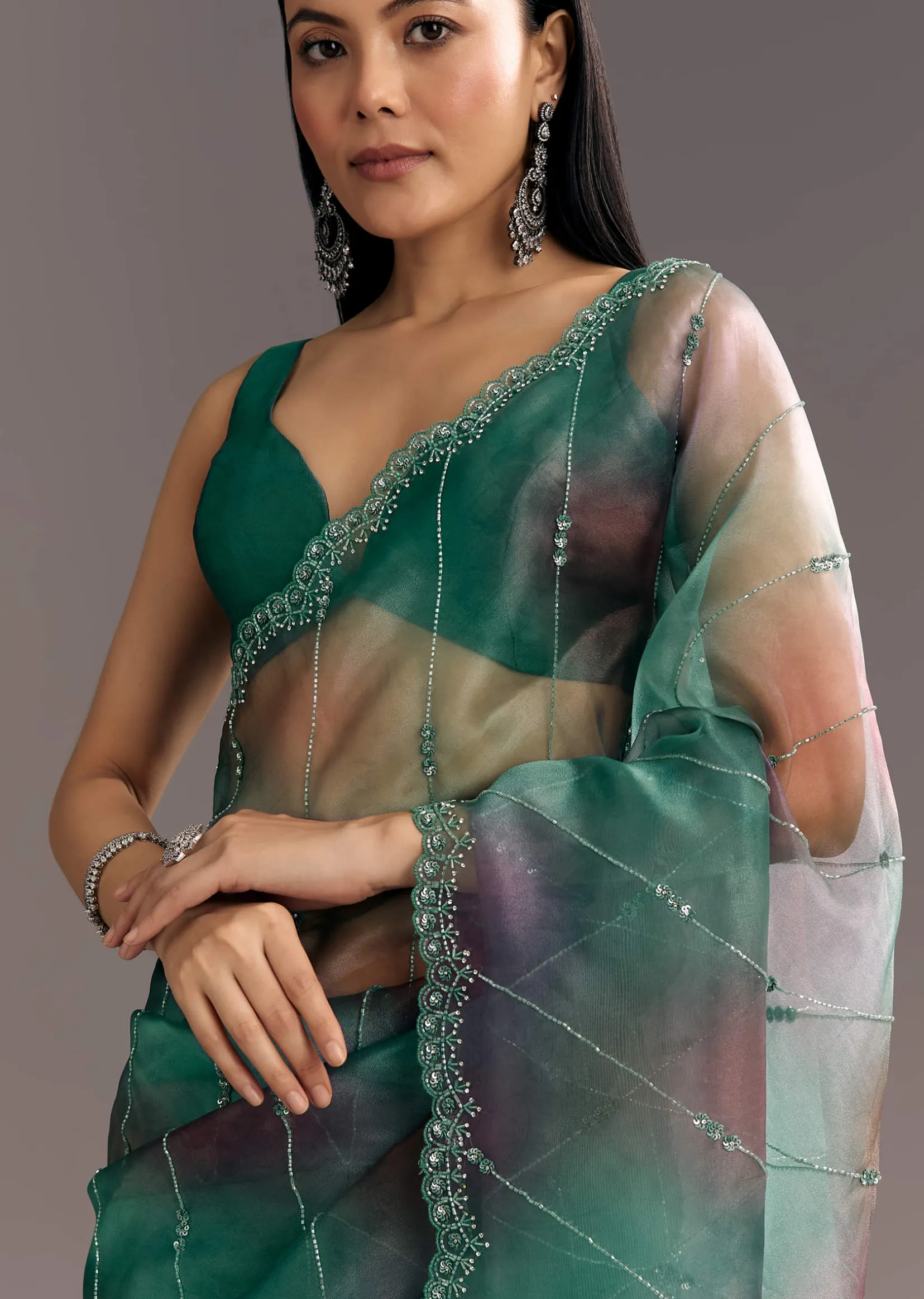 Purple Green Shaded Organza Saree With Cutdana Sequin Embroidery